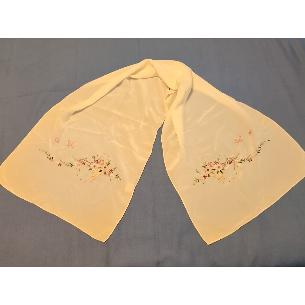 HAPPINESS Hand Embroidered‎ Pure Silk Soft Ivory Scarf  14" X 45 "